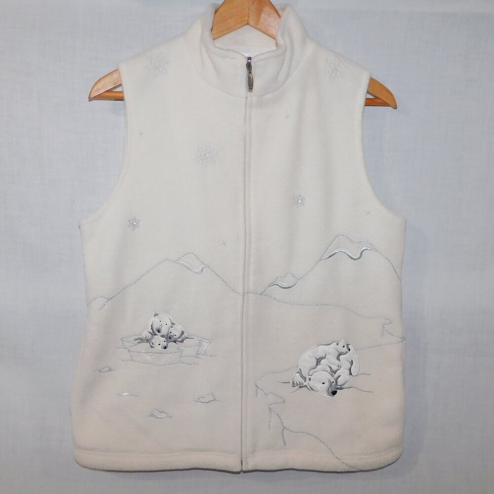 Northern Reflections Off White Full Zip Fleece Vest Polar Bears Womens S
